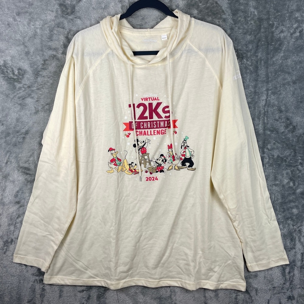 Run Disney Top Womens 2XL Ivory Hooded Long‎ Sleeve Virtual 12K Christmas Shirt